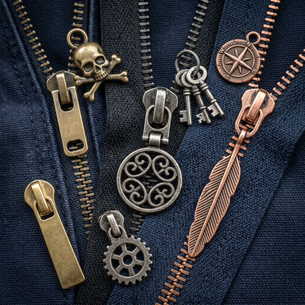 Variety of decorative metal zipper pulls with skull, keys, feather, compass, and gear charms on dark fabric