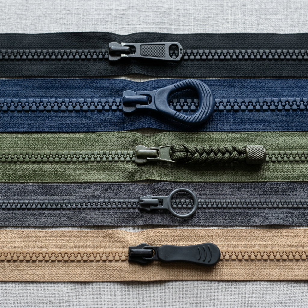 Five horizontal zippers in black, navy, green, gray, and beige with unique pull designs